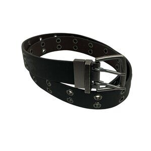 Black Double Prong Leather Belt W Grommets Full Length- Mens 42 Made In Mexico